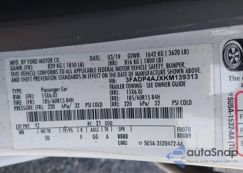 2019 Ford Fiesta S z USA, uszkodzony, nr VIN 3FADP4AJXKM139313